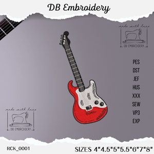 Peut inclure: Broderie de guitare électrique rouge et blanche en différentes tailles de 4 à 8 pouces. Le motif est disponible aux formats PES, DST, JEF, HUS, XXX, SEW, VP3 et EXP.