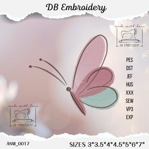 Może przedstawiać: Haftowany wzór motyla w kolorze różowym i turkusowym, z brązowymi czułkami. Obraz zawiera tekst "DB Embroidery", "made with love" oraz opcje rozmiaru od 7.6 cm do 17.8 cm. Projekt jest dostępny w formatach PES, DST, JEF, HUS, XXX, SEW, VP3 i EXP.