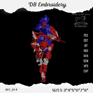 May include: An embroidered design of a soldier in red, white, and blue, holding a rifle, against a black background. The design is labeled "DB Embroidery" and includes the text "made with love." Sizes available are 7.6cm, 10.2cm, 12.7cm, 15.2cm, 17.8cm, and 20.3cm.