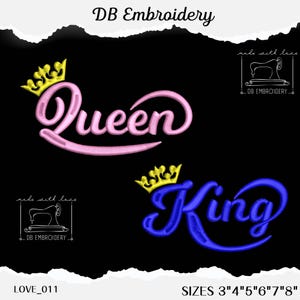King and Queen Embroidery Design Set - Crowned Lettering Embroidery Pattern for Machine Embroidery in Multiple Sizes and Formats