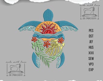 May include: A blue embroidered sea turtle design with a sunset and tropical foliage. The design includes the text "DB Embroidery" and is available in sizes 3", 4", 5", 6", and 7".