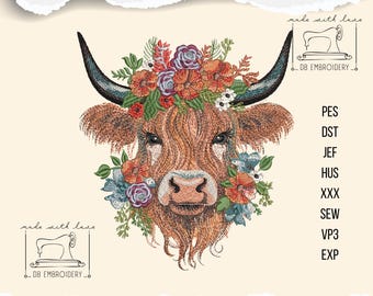 May include: An embroidered design of a Highland cow with a floral crown. The cow is brown with long fur, black horns, and blue eyes. The floral crown includes red, orange, and blue flowers. The text "DB Embroidery" and "made with love" are also present. Sizes available: 4", 5", 6", 7", 8".