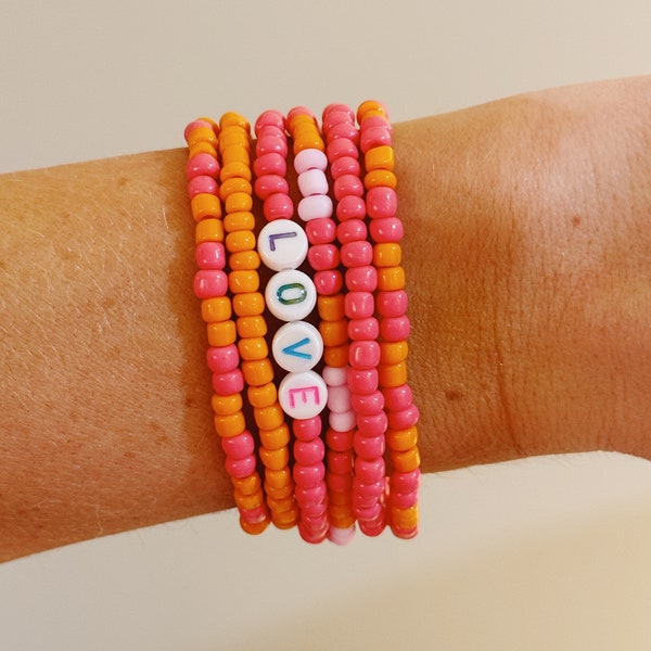 Pink and Orange Beaded Bracelet Stack, Seed Beads, Easter gift, Love