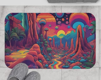 Tapis de bain paysage extraterrestre - microfibre - antidérapant - thème de l'espace psychédélique - design trippy - décoration de salle de bain vibrante - indispensable de la salle de bain