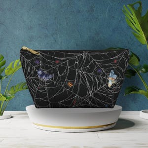 Spiderweb Accessory Pouch, Spiders and Moths Toiletry bag, Goth Punk Travel Bag, Halloween Horror Make up Bag, Spooky Season Zippered Pouch