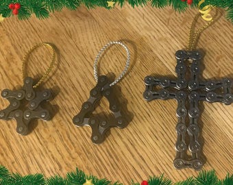 Upcycled bicycle chain Christmas tree ornaments