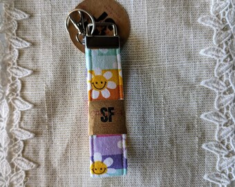 Smiley Rainbow Flowers Key Fob Wristlet