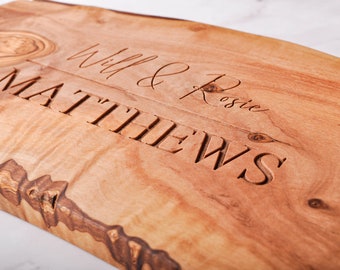 Personalised Naturally Shaped Olive Wood Chopping & Cheese Board 30-50 CM– Gift for an Anniversary, Wedding, Christmas, New Home Party