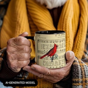 May include: A ceramic mug with a black handle and interior, featuring a vintage-style cream background printed with musical notation, the text "IT IS WELL", and a vibrant red cardinal bird perched on a branch illustration on the front surface.