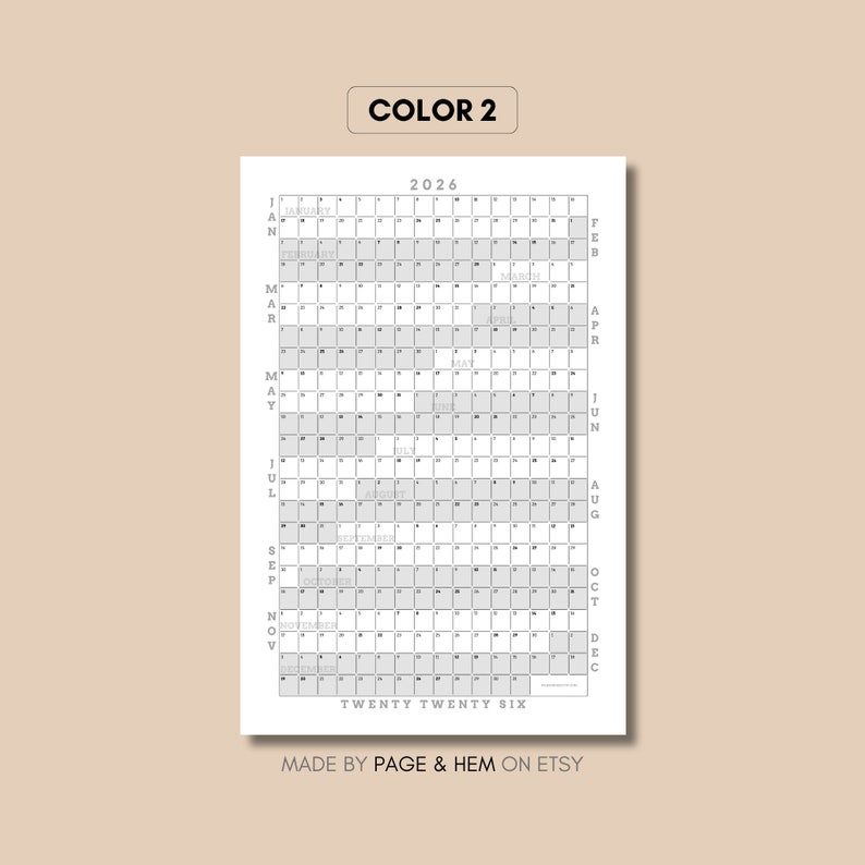 2026 Full Year Calendar Printable, Yearly Calendar, 365 Day Calendar