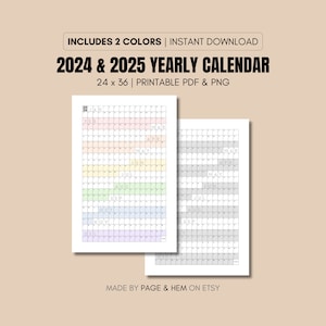 2024 | 2025 Full Year Calendar Printable, Yearly Calendar, 365 Day Calendar, Wall Calendar Poster, 24x36, PDF & PNG, Digital Download