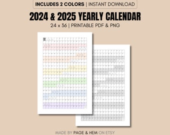 2024 | 2025 Full Year Calendar Printable, Yearly Calendar, 365 Day Calendar, Wall Calendar Poster, 24x36, PDF & PNG, Digital Download