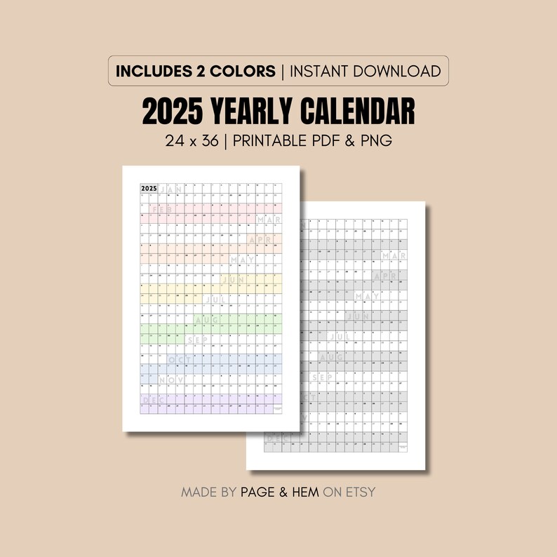 2025 Full Year Calendar Printable, Yearly Calendar, 365 Day Calendar ...