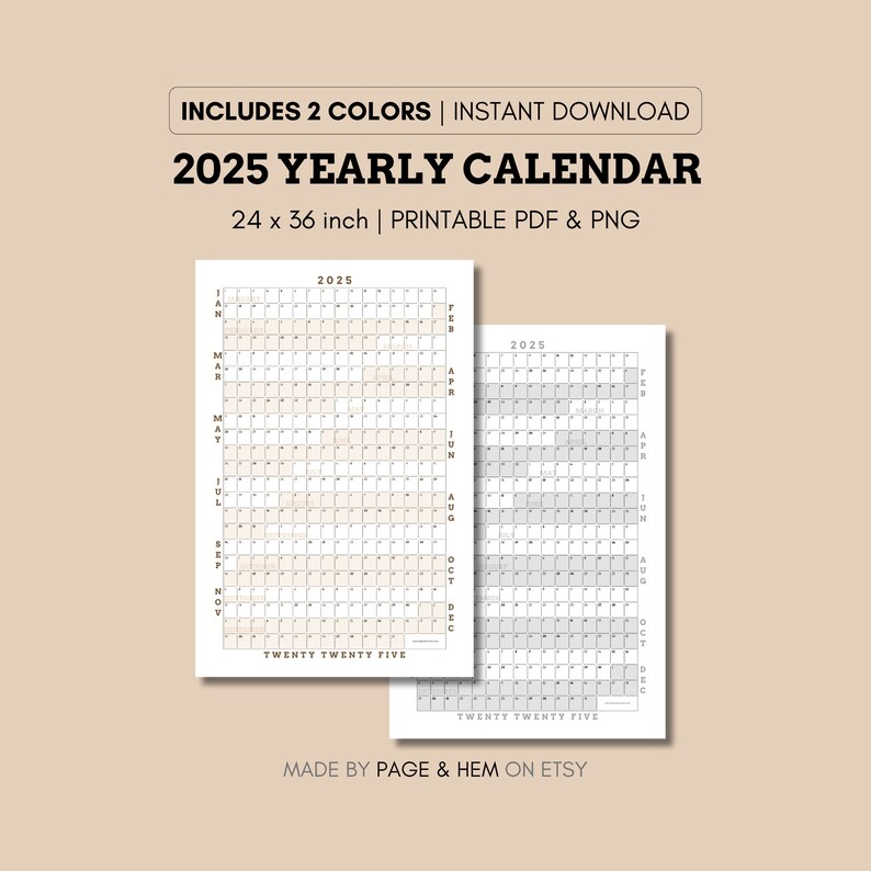 2025 Full Year Calendar Printable, Yearly Calendar, 365 Day Calendar