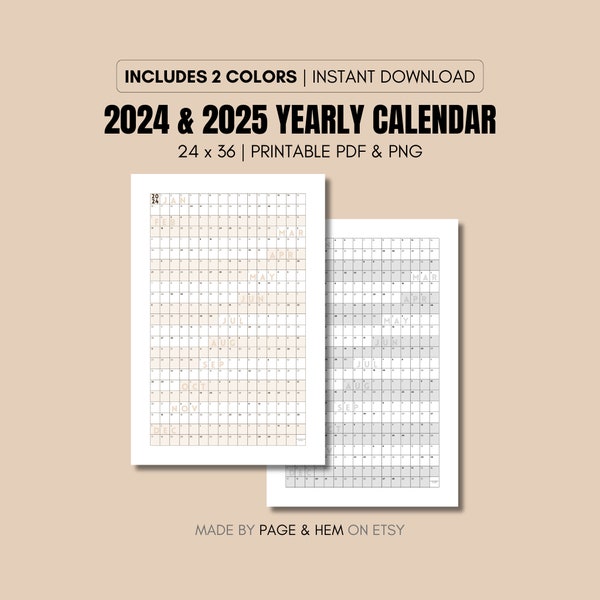 2024 | 2025 Full Year Calendar Printable, Yearly Calendar, 365 Day Calendar, Wall Calendar Poster, 24x36, PDF & PNG, Digital Download