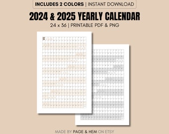 2024 | 2025 Full Year Calendar Printable, Yearly Calendar, 365 Day Calendar, Wall Calendar Poster, 24x36, PDF & PNG, Digital Download