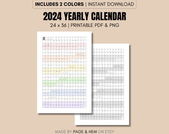 2024 Full Year Calendar Printable, Yearly Calendar, 365 Day Calendar, Wall Calendar Poster, 24x36, PDF & PNG, Digital Download