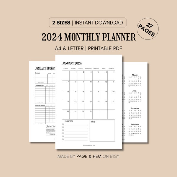 2024 Monthly Planner Printable Bundle, Weekly Planner Printable, Monthly Budget, 2024 Calendar Printable, A4 & Letter, PDF, Digital Download