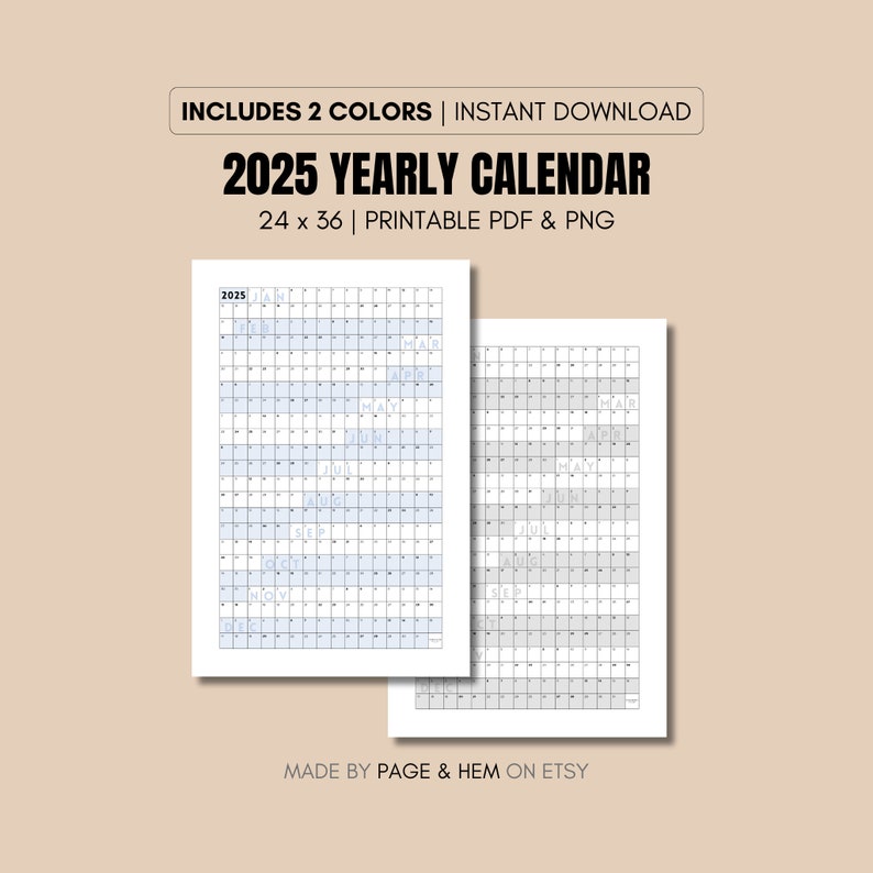 2025 Full Year Calendar Printable, Yearly Calendar, 365 Day Calendar