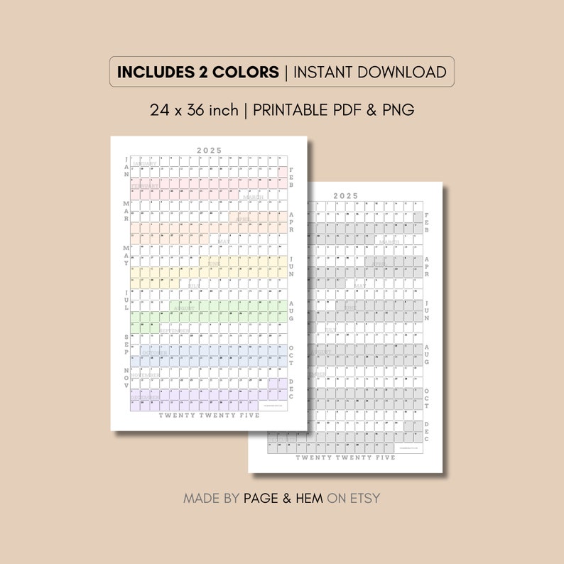 2025 Full Year Calendar Printable, Yearly Calendar, 365 Day Calendar