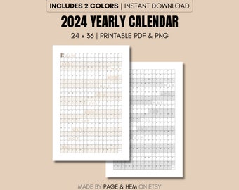 2024 volledige jaarkalender afdrukbaar, jaarlijkse kalender, 365 dagen kalender, muurkalender poster, 24x36, PDF & PNG, digitale download