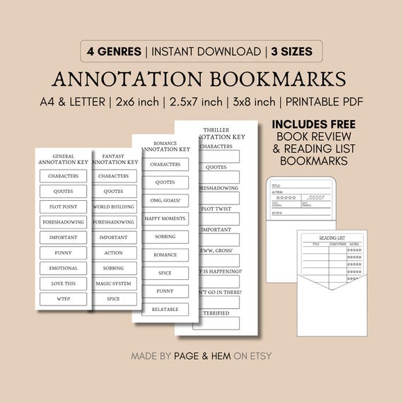 Printable Annotation Bookmark Bundle, Book Review, Reading List, 3 Sizes