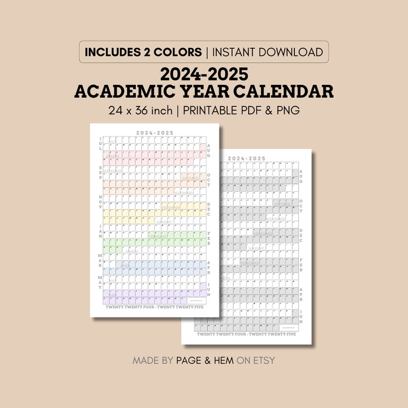 20242025 Academic Year Calendar Printable, Yearly Calendar, 365 Day