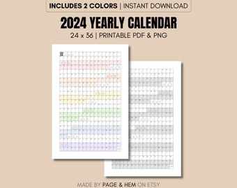 2024 Full Year Calendar Printable, Yearly Calendar, 365 Day Calendar, Wall Calendar Poster, 24x36, PDF & PNG, Digital Download