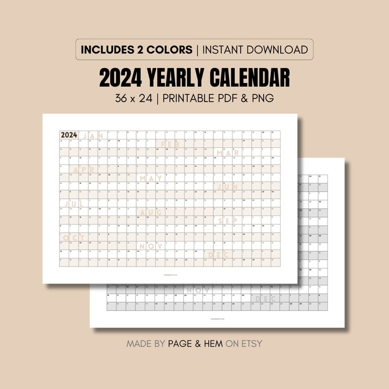 2024 Full Year Calendar Printable, Yearly Calendar, 365 Day Calendar ...