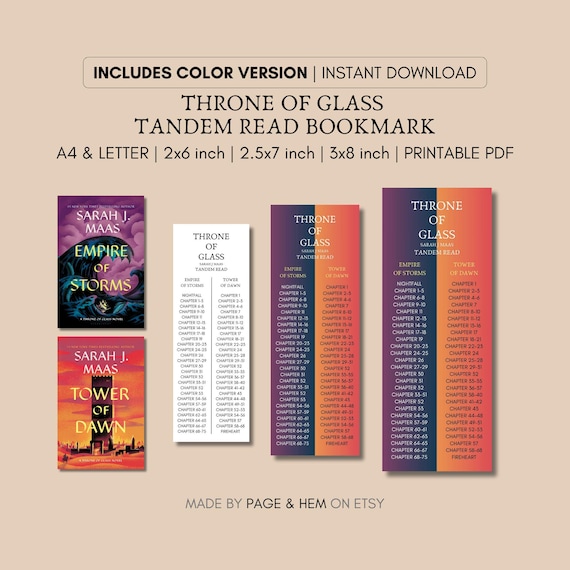 Throne of Glass Tandem Read Bookmark Printable, Reading Guide Bookmark, 3 Sizes
