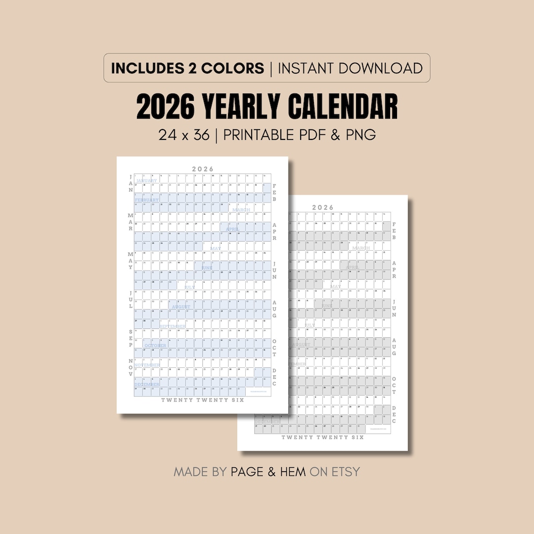 2026 Full Year Calendar Printable, Yearly Calendar, 365 Day Calendar ...
