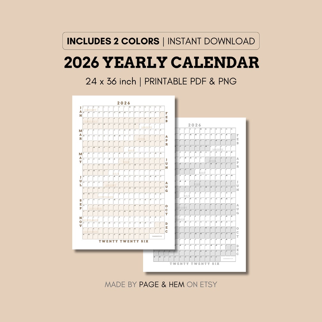 2026 Full Year Calendar Printable, Yearly Calendar, 365 Day Calendar ...