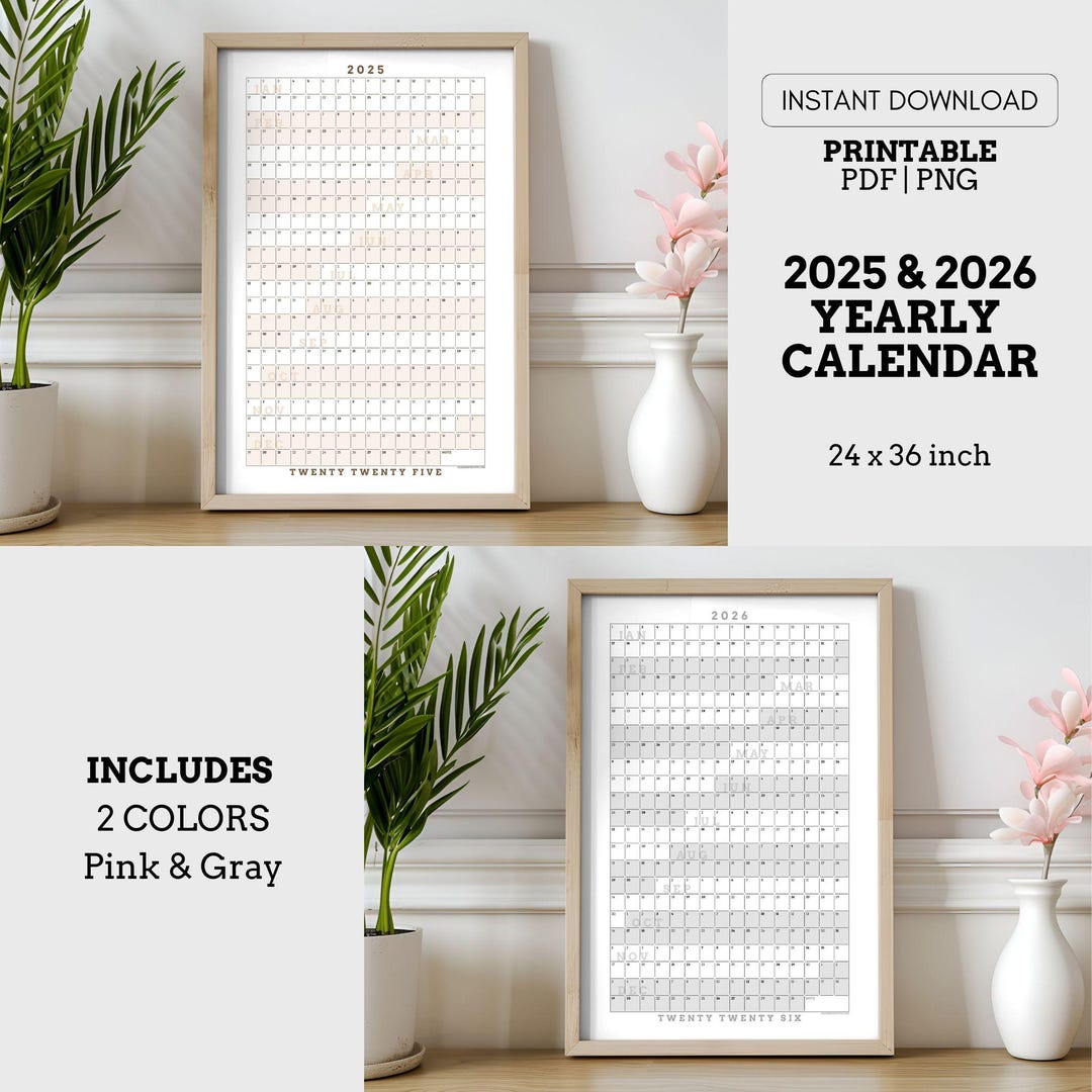 2025 & 2026 Full Year Calendar Printable, 365 Day Calendar, Wall