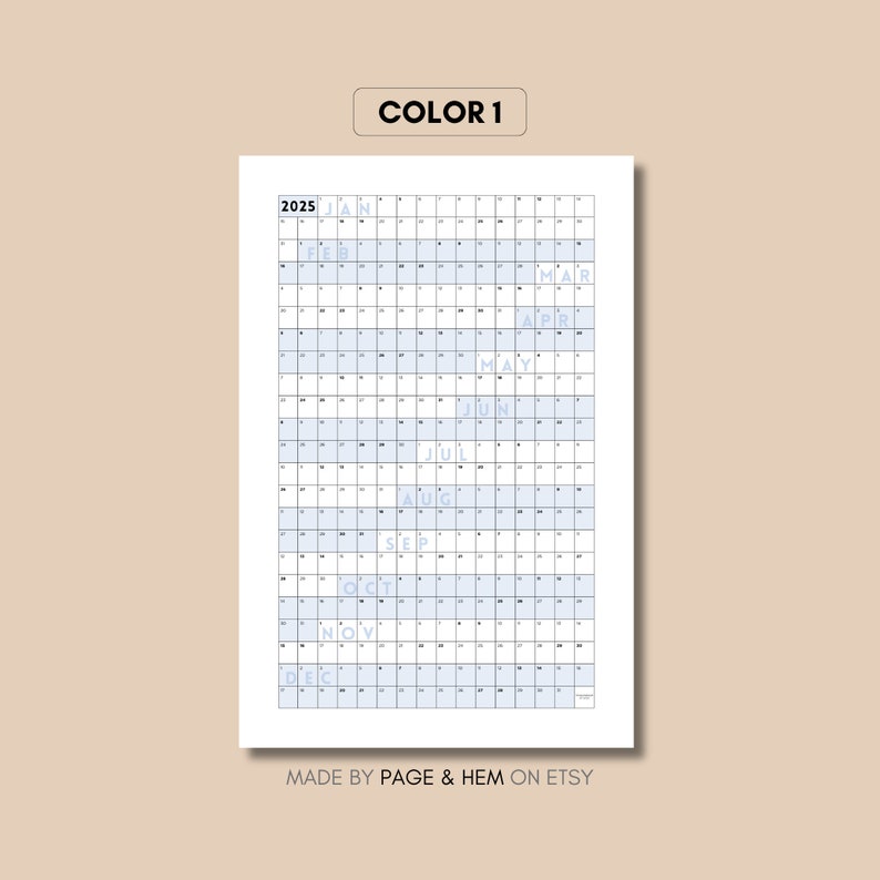 2025 Full Year Calendar Printable, Yearly Calendar, 365 Day Calendar