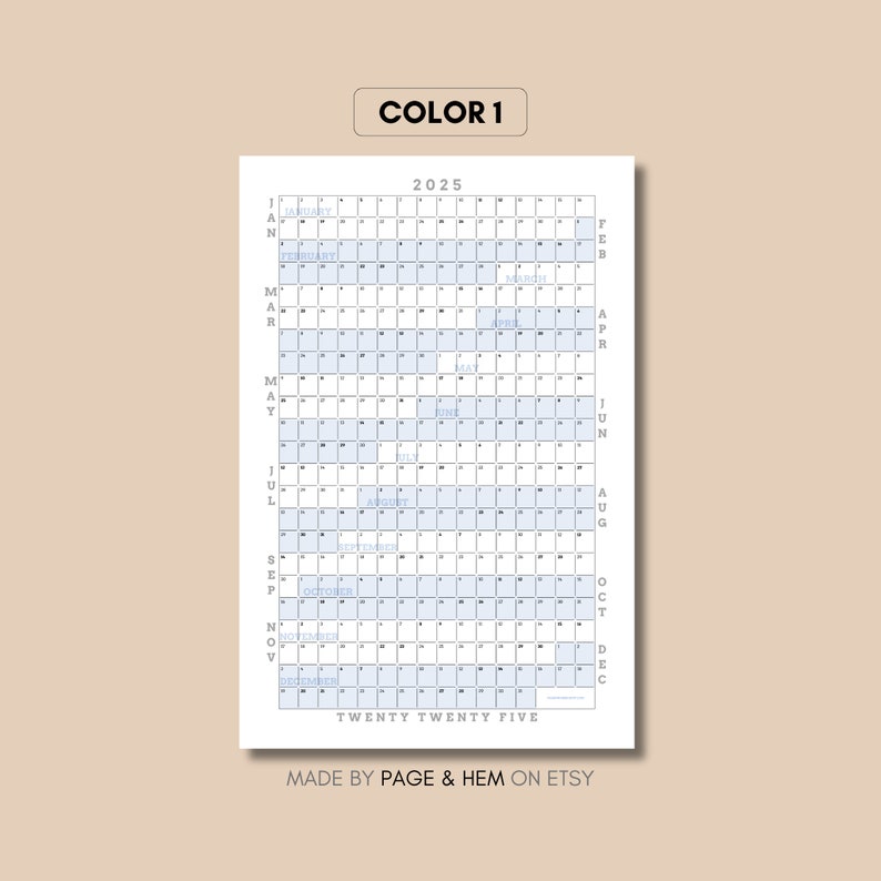 2025 Full Year Calendar Printable, Yearly Calendar, 365 Day Calendar