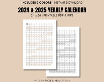 2024 | 2025 Full Year Calendar Printable, Yearly Calendar, 365 Day Calendar, Wall Calendar Poster, 24x36, PDF & PNG, Digital Download