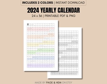 2024 Full Year Calendar Printable, Yearly Calendar, 365 Day Calendar, Wall Calendar Poster, 24x36, PDF & PNG, Digital Download