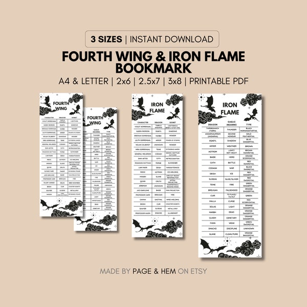 Fourth Wing & Iron Flame Bookmark Printable, Characters, Dragon Types, Signets, Rebecca Yarros, Fourth Wing Series, 2x6 | 2.5x7 | 3x8 Inches