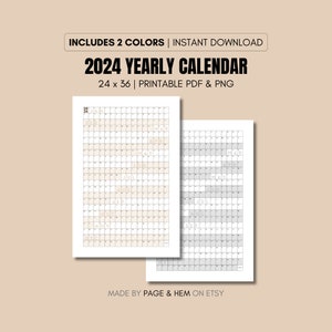 2024 Full Year Calendar Printable, Yearly Calendar, 365 Day Calendar, Wall Calendar Poster, 24x36, PDF & PNG, Digital Download