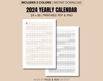 Ganzjahreskalender 2024 zum Ausdrucken, Jahreskalender, 365-Tage-Kalender, Wandkalender-Poster, 24x36, PDF und PNG, digitaler Download