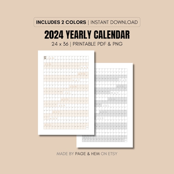 2024 Full Year Calendar Printable, Yearly Calendar, 365 Day Calendar, Wall Calendar Poster, 24x36, PDF & PNG, Digital Download