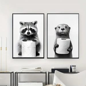 Otter & Raccoon Bathroom Art – Funny Toilet Paper Printable, Quirky Animal Wall Decor, Digital Download