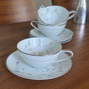 Vintage Noritake China Valerie Pattern Tea Cups and Saucers Set of 4 // Made in Japan //Silver Rim Fine Porcelain