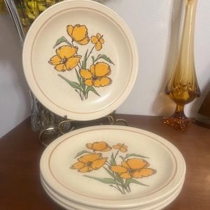 Vintage Decostone Andre Andre Plates / Set of 4 / Speckled Stoneware with Orange Poppies / Made in USA / 1970s Retro Oven-to-Table Dinnerwar