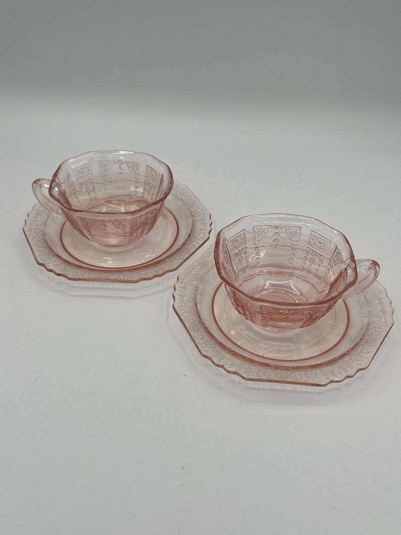 Vintage U.S. Glass “Octagon” Pink Depression Glass Teacup & Saucer Set of 2 (c. 1927–1930s) image 1