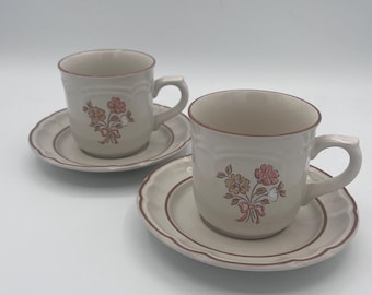 Vintage Cordella Japan Stoneware Cups & Saucers // Floral Pattern Embossed Rim // 1970s Coffee Tea Set