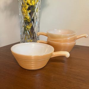 Vintage Fire-King Peach Luster Handled Beehive Bowls // Set of 4 // Oven Ware Soup or Chili Bowls // Mid-Century Anchor Hocking Fire King