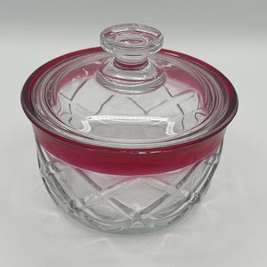 Vintage Indiana Glass Diamond Point Candy Dish with Lid // Cranberry Ruby Red Rim