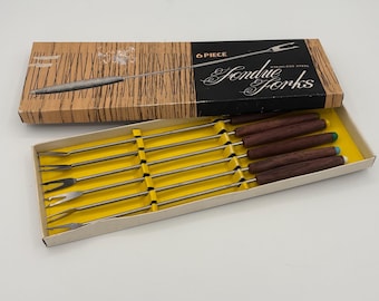 Vintage Mid Century Fondue Fork Set of 6 with Box | Teak Wood Handles | Color Coded Fondue Forks | Danish Modern Entertaining