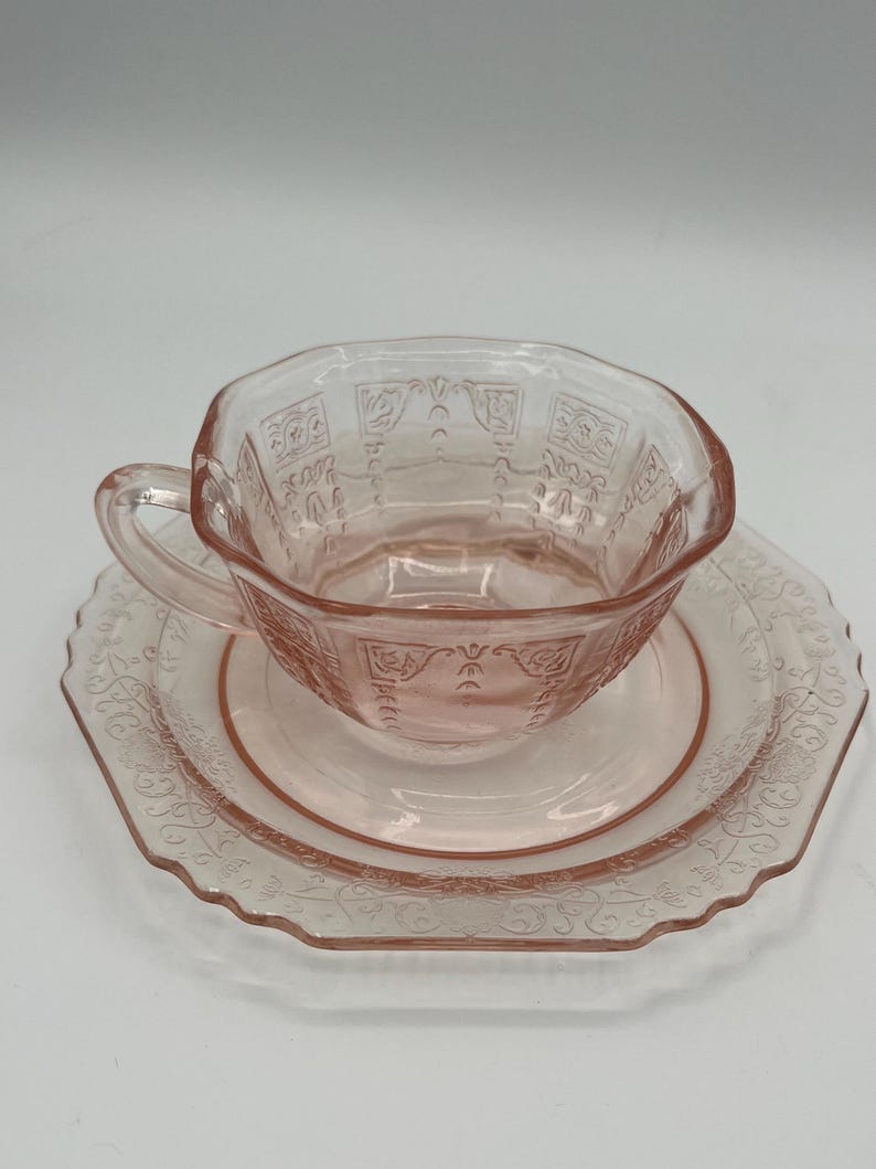 Vintage U.S. Glass “Octagon” Pink Depression Glass Teacup & Saucer Set of 2 (c. 1927–1930s) image 4